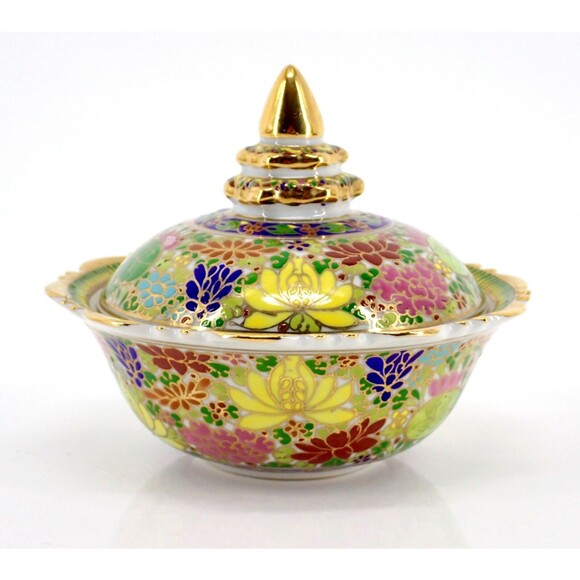 Hand Thai Painted Gold Tone Pottery BENJARONG Porcelain Cup & Lid Cloisonné 4.5" - Picture 1 of 14
